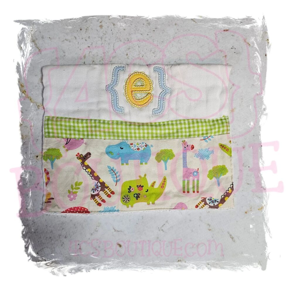 Baby Burp Cloth Embroidered Letter E Safari Animals Handmade Ready to Ship New